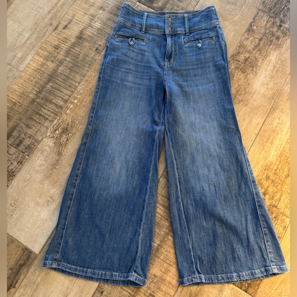 Pilcro The Skipper Wide Leg Cropped Jeans High Rise Patch Pocket Denim Blue 27